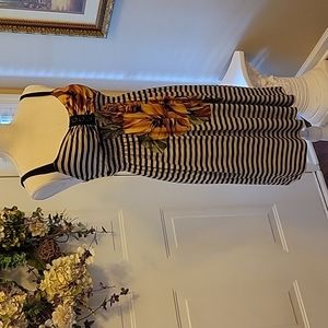 ENFOCUS STUDIO cream black striped dress gold green flower empire waist 4 EUC …